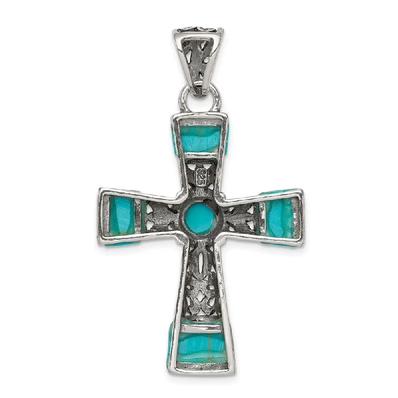 personalized pendant necklace for couples -Diamond2Deal 925 Sterling Silver Synthetic Turquoise Antiqued Cross Pendant