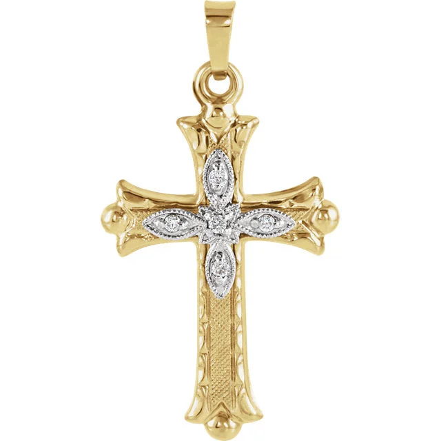 trendy silver heart pendant necklace -Flory Accented Hollow Diamond Cross in 14 Karat Yellow Gold 25 X 18 MM