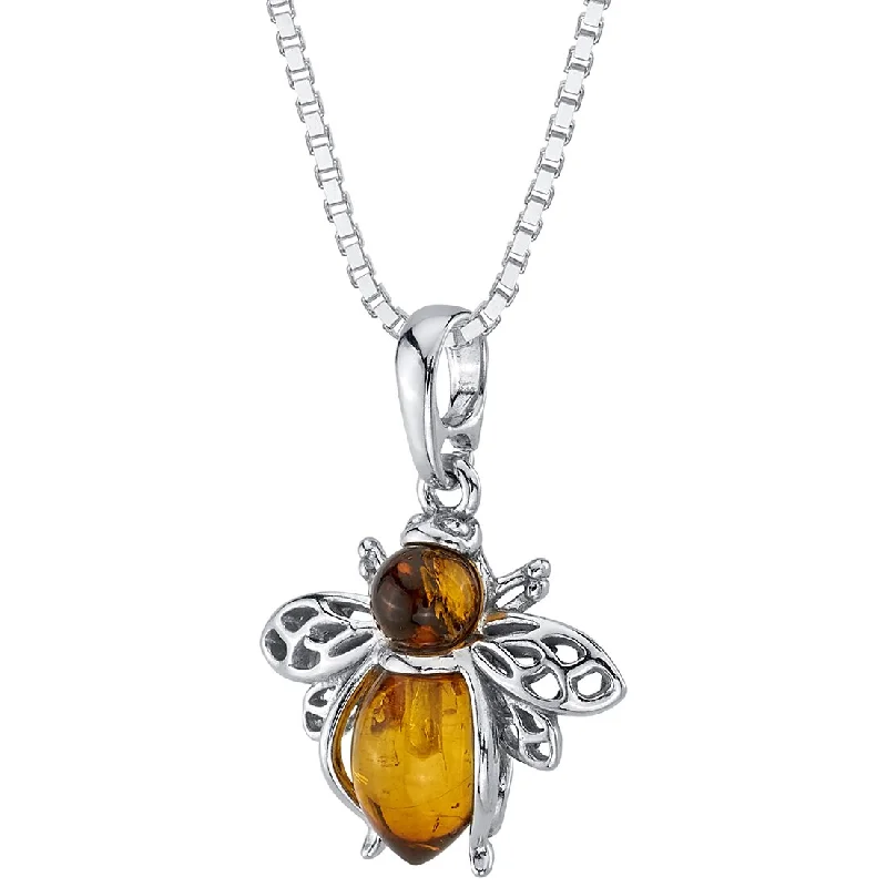 custom pendant necklace with letter -Baltic Amber Bee Pendant Necklace Sterling Silver