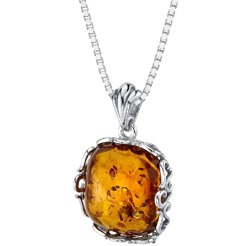 silver and pearl necklace with pendant -Cushion Cut Baltic Amber Pendant Necklace Sterling Silver