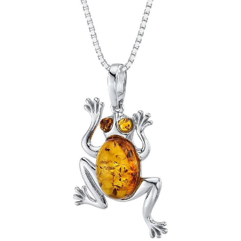 custom pendant necklace for brides -Baltic Amber Lucky Frog Pendant Necklace Sterling Silver