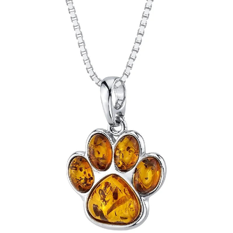 custom necklace with gemstone pendant -Baltic Amber Paw Print Charm Pendant Necklace Sterling Silver