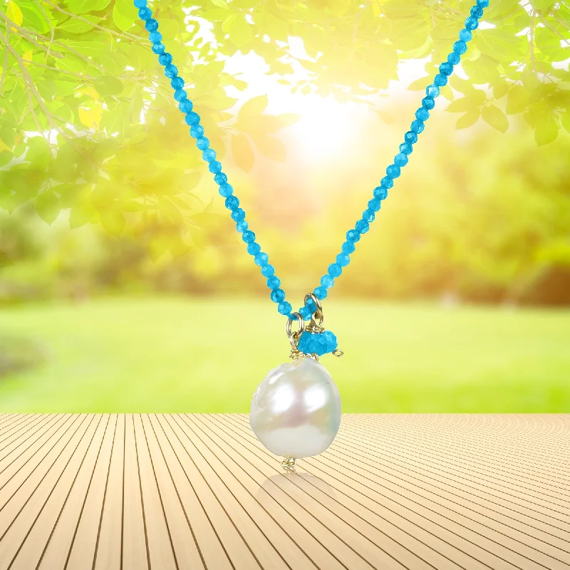 moon pendant necklace with crystal -Gold Over Sterling Silver Natural Turquoise and Pearl Beaded Necklace