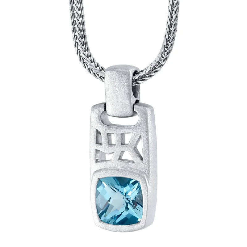 dainty bar necklace with pendant -Cushion Cut London Blue Topaz Tag Pendant Necklace for Men Sterling Silver 3.50 Carats