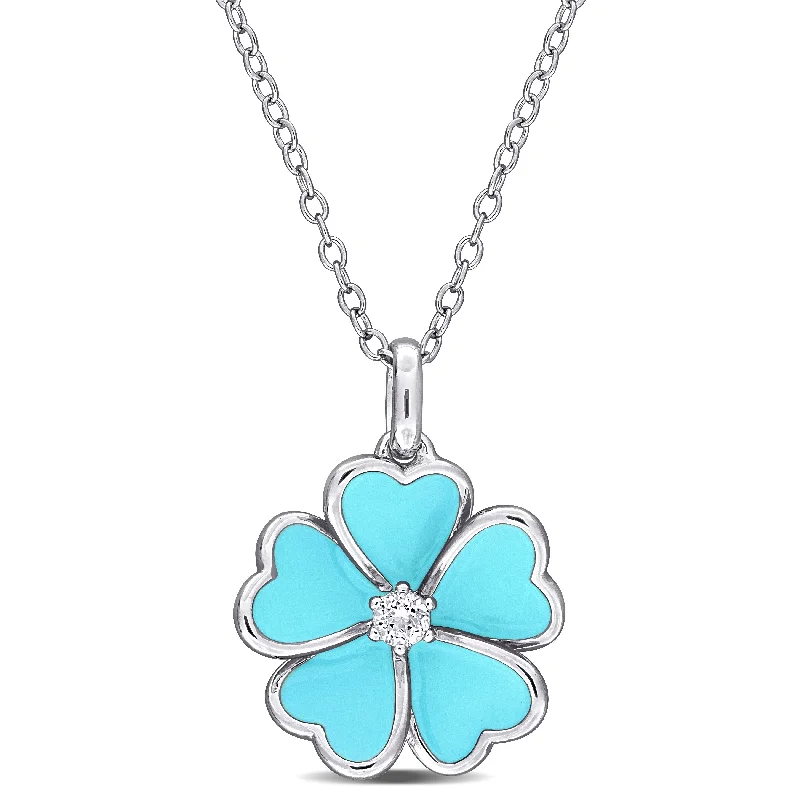 elegant gold pendant necklace -Miadora 1/10ct TGW White Topaz Light Blue Enamel Plated Flower Pendant with Chain in Sterling Silver