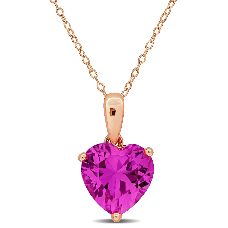 large gold pendant necklace -Miadora 2 1/4ct TGW Created Pink Sapphire Solitaire Heart Design Pendant with Chain in Rose Silver