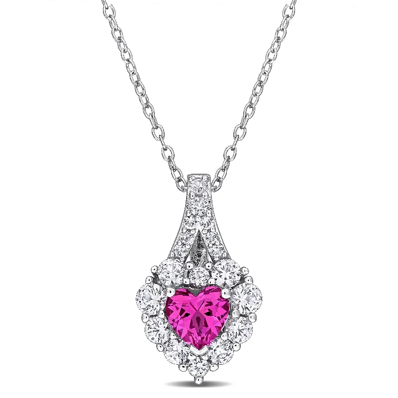 custom gemstone necklace with pendant -Miadora 2 7/8ct TGW Created Pink Sapphire Created White Sapphire Necklace in Sterling Silver