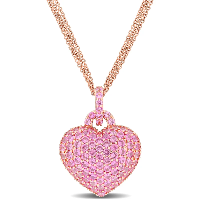 silver bar pendant necklace for women -Miadora 3 1/2ct TGW Created Pink Sapphire Heart Pendant with Triple-Strand Chain in Rose Silver