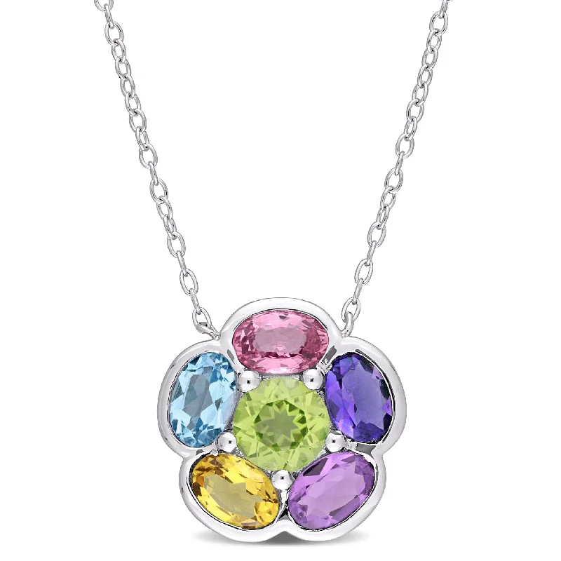 gold heart pendant necklace for women -Miadora 3 1/3ct TGW Multi-Gem Floral Pendant Sterling Silver