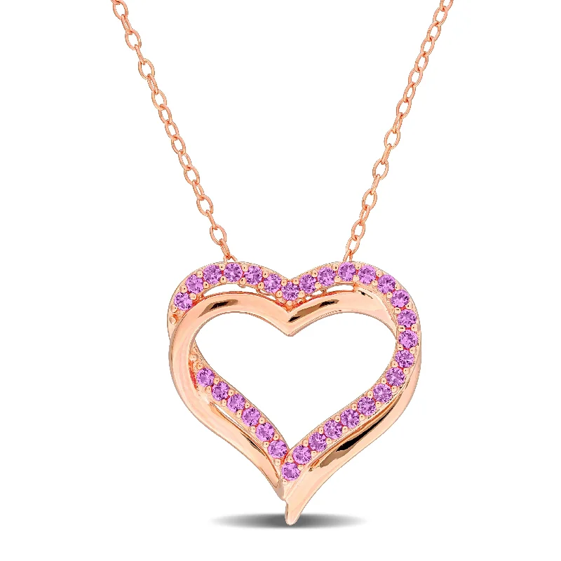 engraved crystal pendant necklace gold -Miadora Created Pink Sapphire Crossover Heart Pendant with Chain in Rose Silver