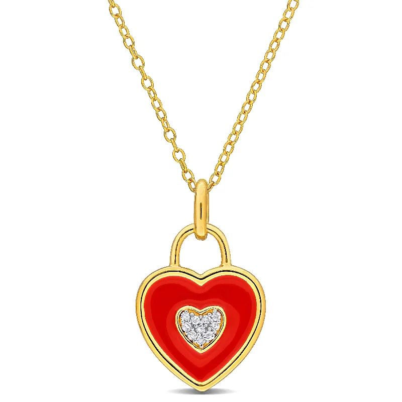 vintage pendant necklace with heart -Miadora Red Enamel Plated Heart with Diamond Accent Pendant with Chain in Yellow Silver-17in