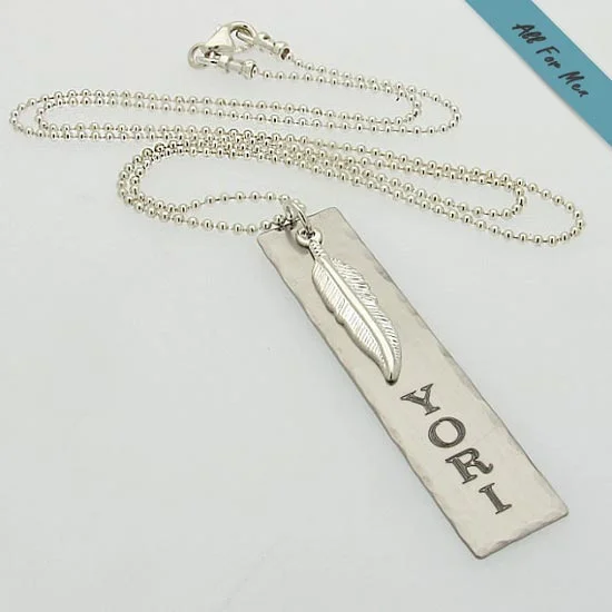 custom birthstone pendant necklace silver -Personalized Nameplate Necklace with Feather