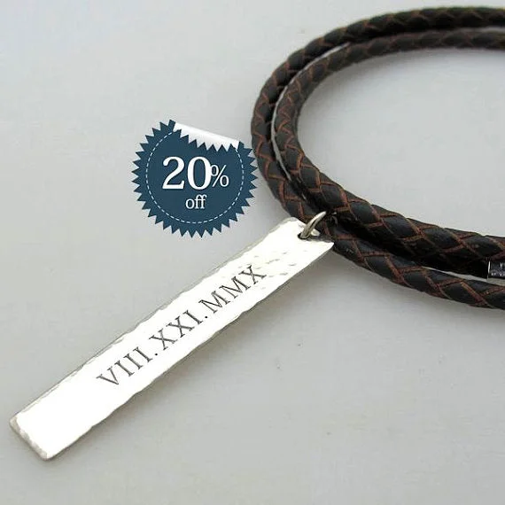 large silver pendant necklace gold -Roman Numerals Engraved Mens Necklace, Braided Leather Cord