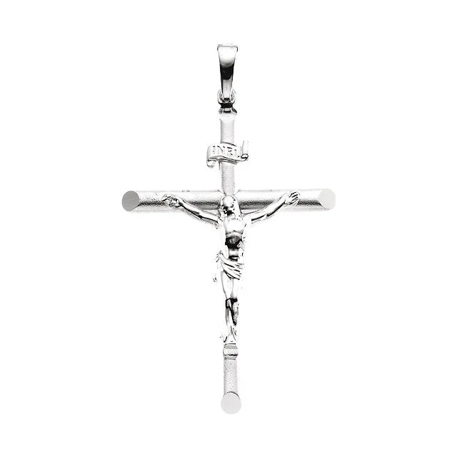 personalized necklace with moon pendant -Round INRI Crucifix Cross Pendant in Solid 14 Karat White Gold