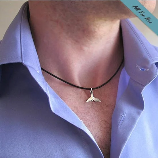 crystal bar pendant necklace silver -Silver Whale Tail Pendant - Mens Necklace