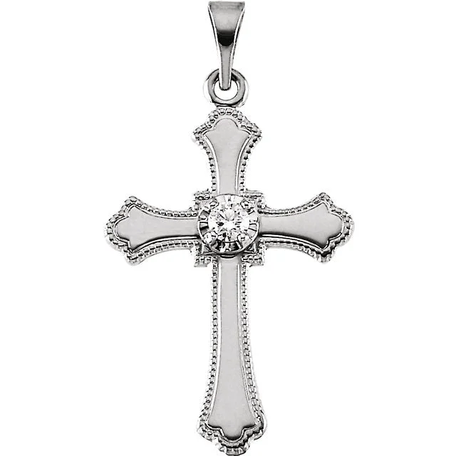 pendant necklace with silver bar -Simple Illusion Top Diamond Solitaire Cross With Beaded Edge Solid 14 Karat White Gold