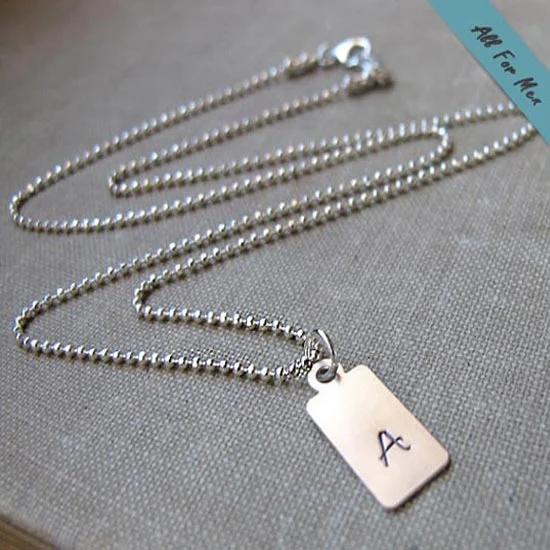 simple bar pendant necklace silver -Sterling Silver Initial Tag Necklace for Men