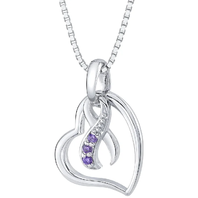 handmade pendant necklace for women -Sterling Silver Pancreatic Cancer Awareness Heart Pendant Necklace Hope, Fight, Survive Purple Ribbon