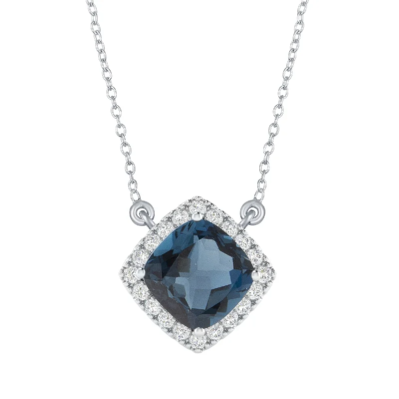 crystal bar pendant necklace silver -Sterling Silver with London Blue Topaz & White Topaz Halo Necklace