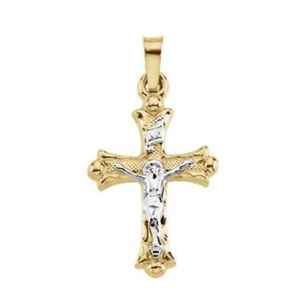 sterling silver pendant with crystal -Two Tone Budded INRI Hollow Crucifix Cross in 14 Karat Gold