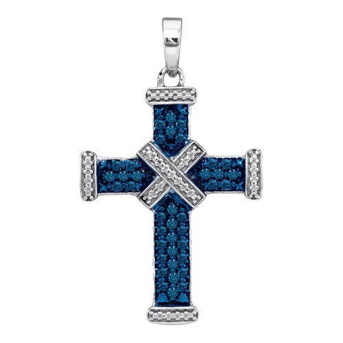 silver pendant necklace for men’s gift -White Gold Plated Blue Diamond Pave Cross Pendant