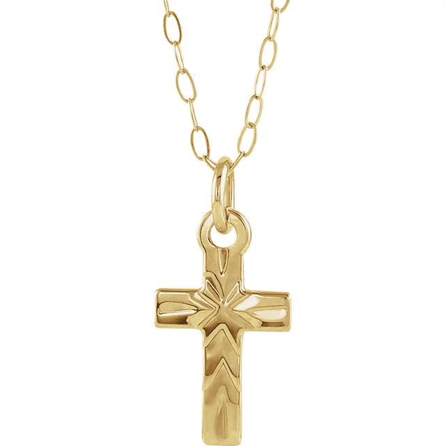 personalized gold necklace with charm -Youth Sunburst Design Cross Pendant in 14 Karat Yellow Gold