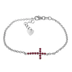 trendy leather bracelet with custom charm for men-0.3 Carat 14K Solid White Gold Cross Bracelet Natural Ruby