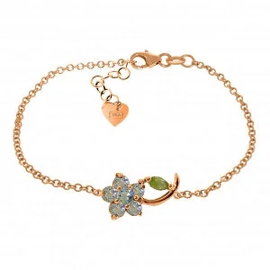 gold bracelet with engraved message for special moments-0.87 Carat 14K Solid Rose Gold Flower Bracelet Aquamarine Peridot