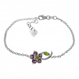 boho-inspired bracelet with silver beads and charms-0.87 Carat 14K Solid White Gold Flower Bracelet Amethyst Peridot