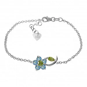 luxury bracelet with diamonds and emerald accents-0.87 Carat 14K Solid White Gold Flower Bracelet Blue Topaz Peridot