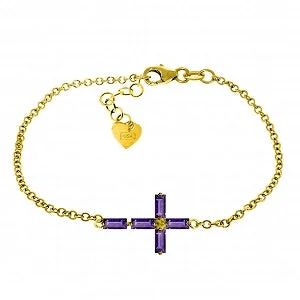 silver charm bracelet with birthstone and personal engraving-1.15 Carat 14K Solid Yellow Gold Horizontal Cross Amethyst Bracelet