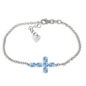 gold bracelet with personalized engraving for her-1.7 Carat 14K Solid White Gold Cross Bracelet Natural Blue Topaz