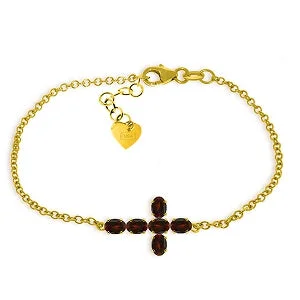 personalized silver cuff bracelet for her with birthstone-1.7 Carat 14K Solid Yellow Gold Cross Bracelet Natural Garnet