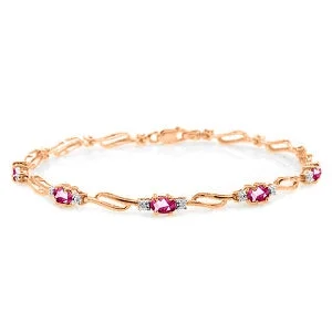 adjustable silver bracelet with gemstone charms-14K Solid Rose Gold Tennis Bracelet w/ Pink Topaz & Diamonds