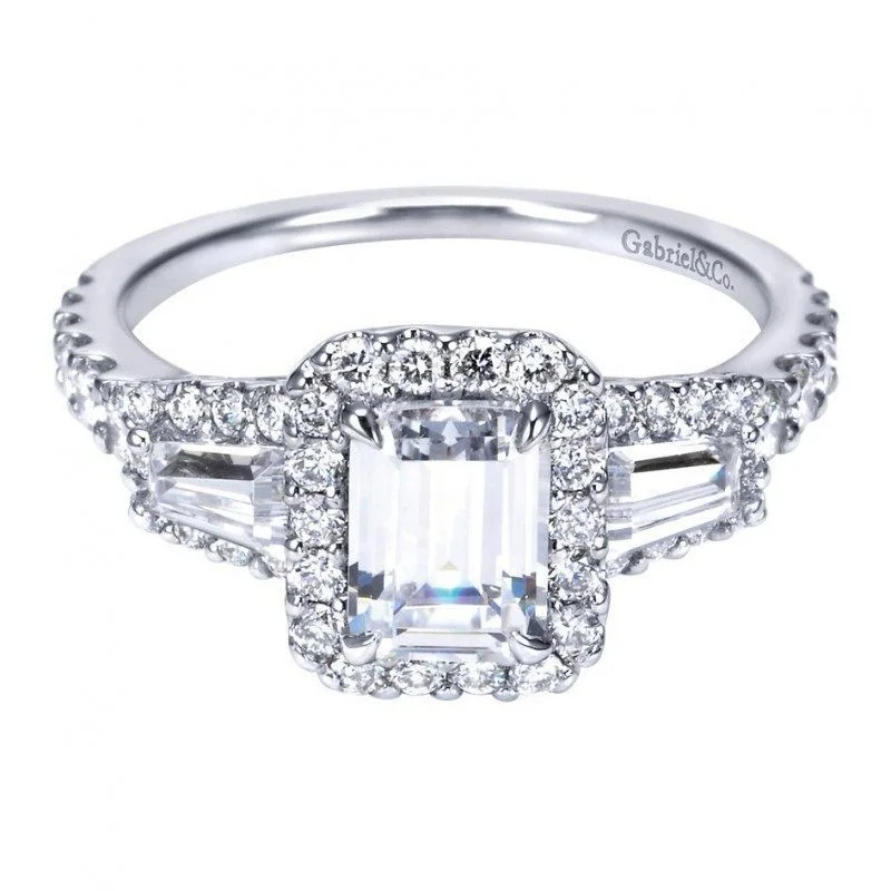 women’s platinum rings with sapphires and diamonds for wedding-Halo Emerald Cut Baguette Diamond Ring .80Cttw 14K White Gold