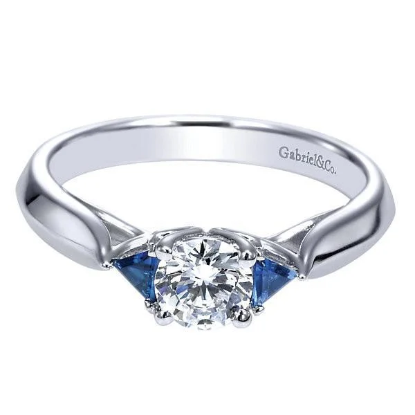 wedding rings for men with diamonds and sapphires-Round Diamond Ring With Trillion Sapphires 1/2ct 14K