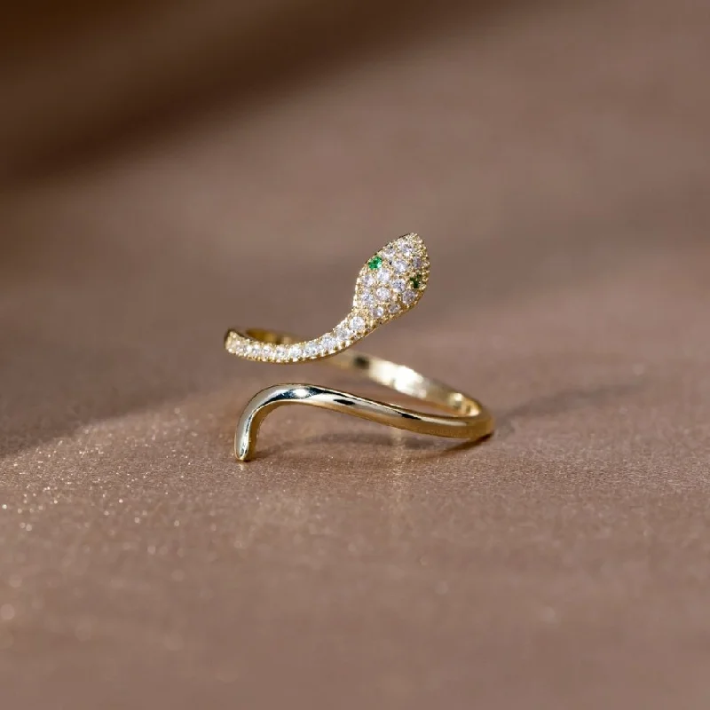 platinum engagement rings for women with emeralds-14K Gold Crystal Snake Basilisk Ring