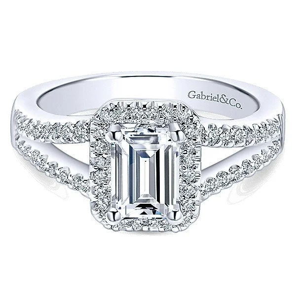 women’s rings with rubies and diamonds for engagement-Emerald Cut Halo Split Shank Diamond Ring 14K White Gold 338A