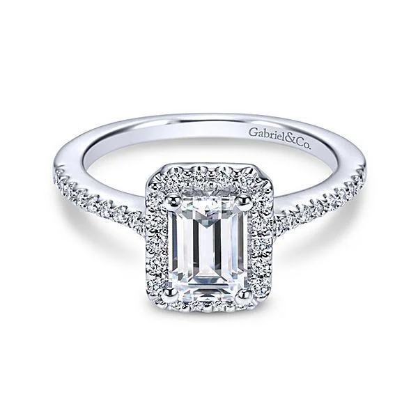 custom wedding bands for women with sapphires and rubies-Emerald Cut Halo Diamond Ring .26 Cttw 14K White Gold 380A