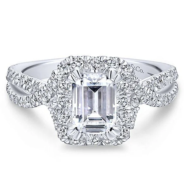 women’s custom engagement rings with sapphires and diamonds-Emerald Cut Crossover Shank Halo Diamond Ring .69 Cttw 382A