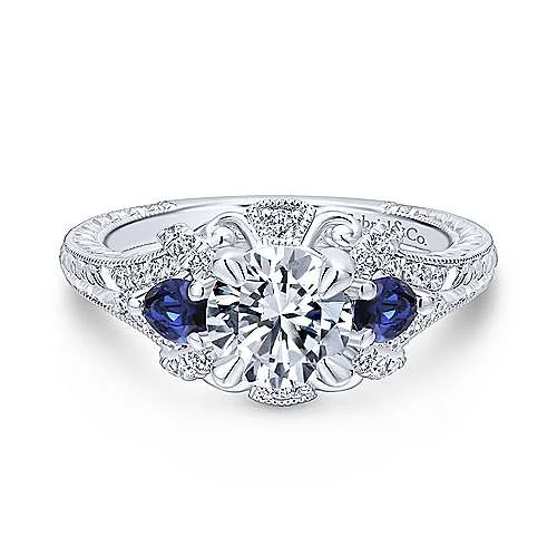 men’s custom engagement rings with sapphires for wedding-Round Diamond Ring With Sapphire Accents 14K White Gold 496A