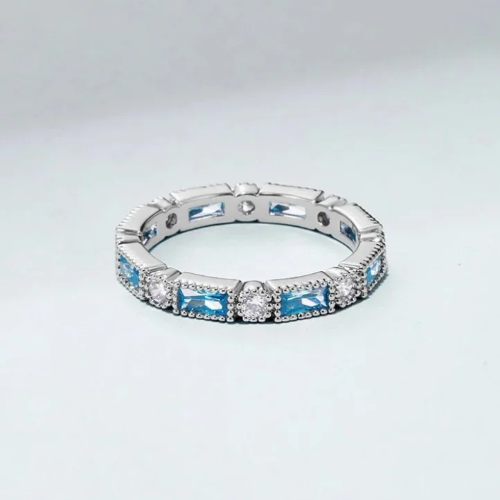 women’s custom rings with sapphires and diamonds for engagement-Aqua Blue Silver Ring