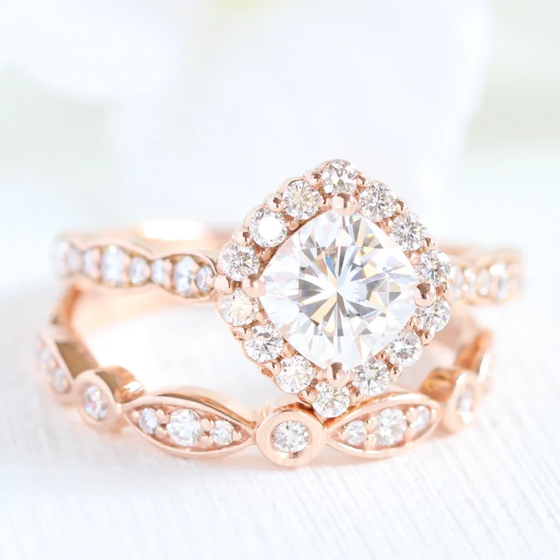 platinum engagement rings for men with sapphires and rubies-Cushion cut moissanite with halo bridal band set 14k in rose gold