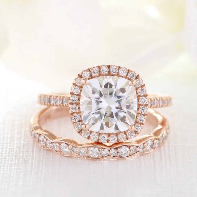 vintage rings for women with diamonds for engagement-Cushion Halo Pave Moissanite Ring With Scalloped Diamond Band