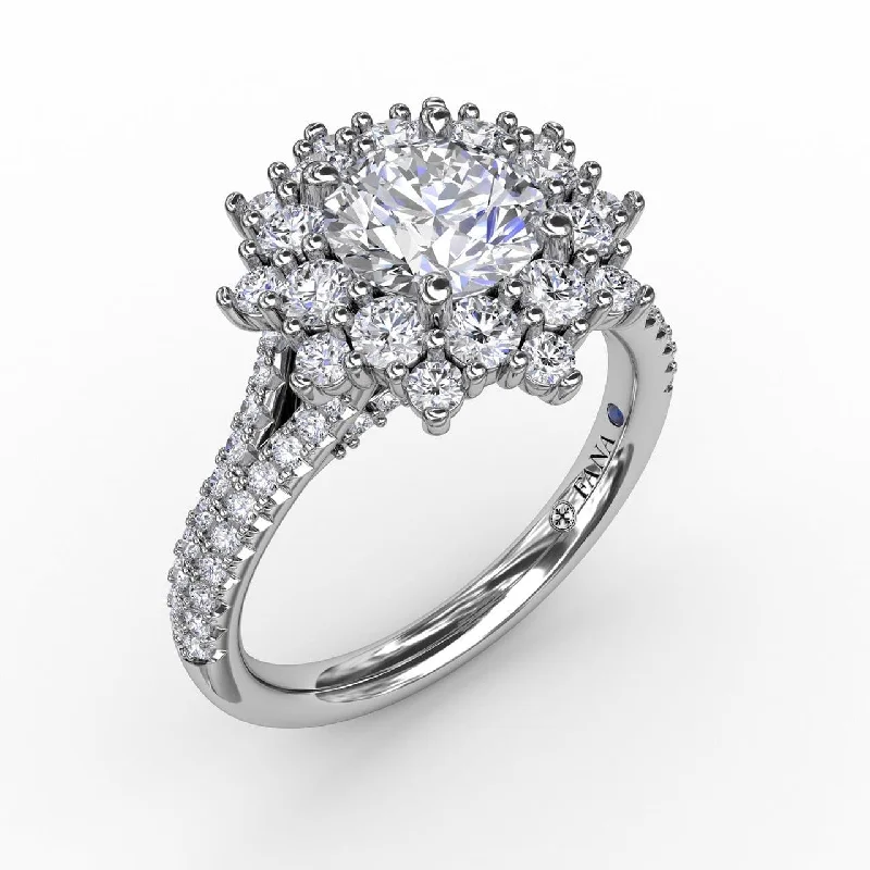 men’s platinum engagement rings with diamonds for women-Contemporary Floral Halo Engagement Ring With Double-Row Pavé Band