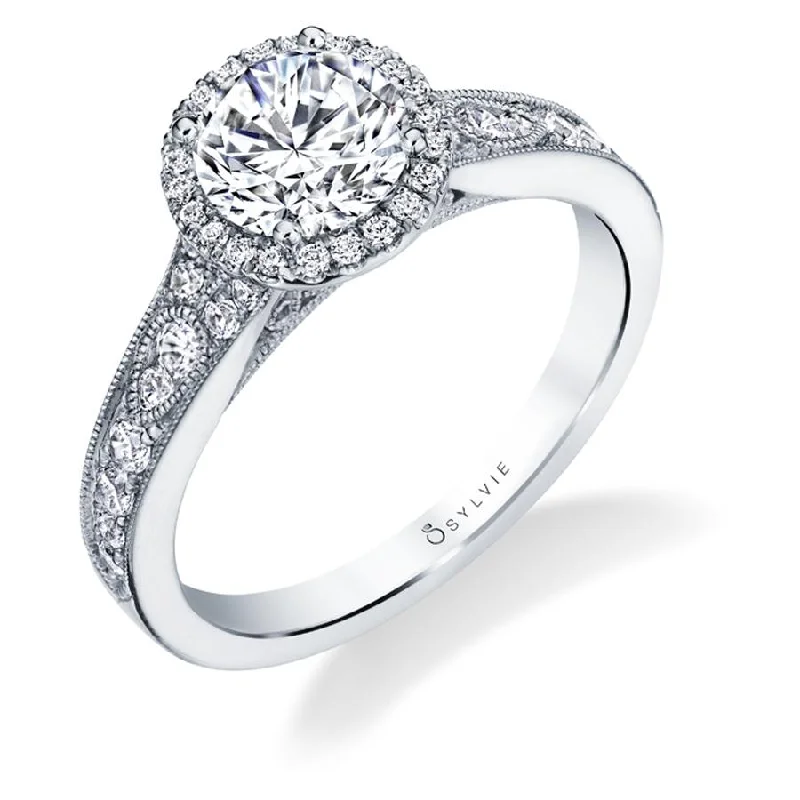 platinum engagement rings with diamonds for women’s engagement-Sylvie Collection 14K White Gold Round Halo Engagement Ring Setting W. 1.50Ct Round