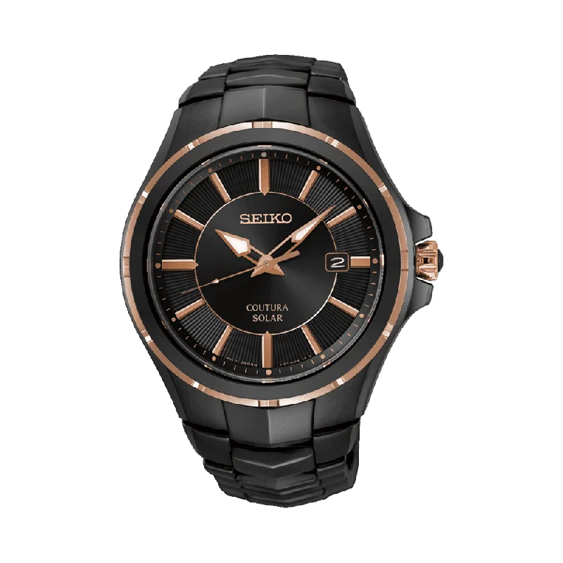 watches for men with durable construction and water-resistant features -Seiko Coutura Men's 42.5mm Black & Rose Plated Solar Watch SNE516P