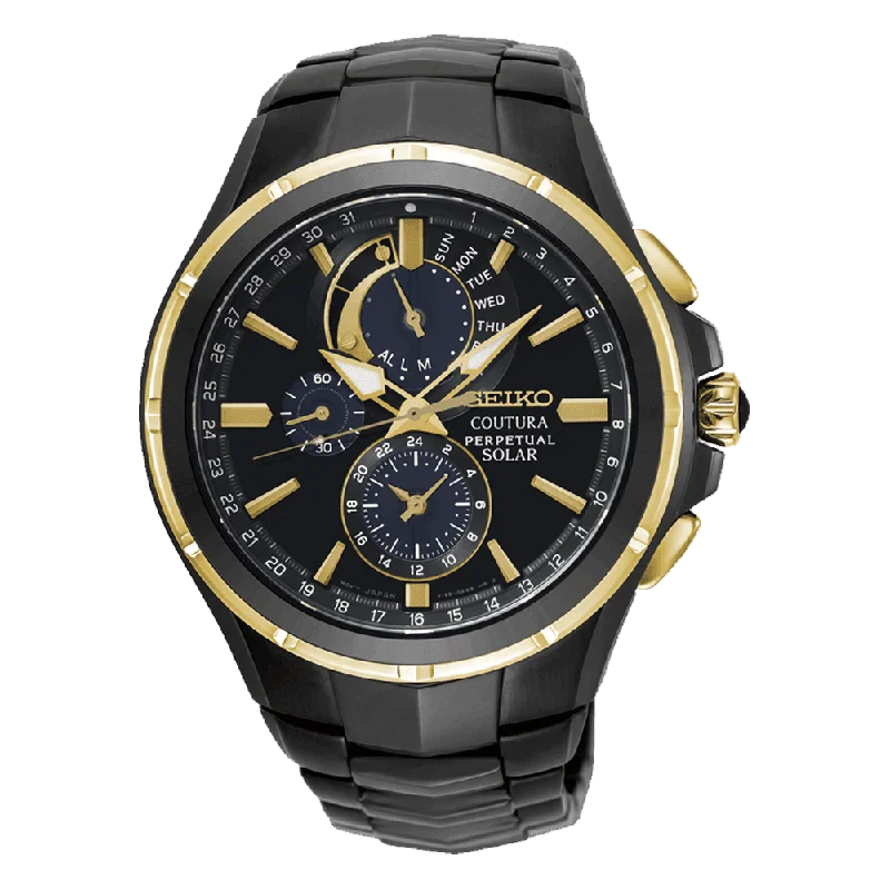 high-tech digital watches for men with activity and fitness monitoring -Seiko Coutura Men's 44mm Black & Gold Plated Solar Perpetual Watch SSC698P