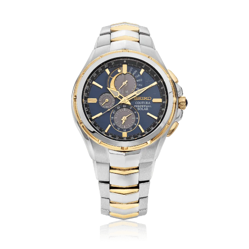 watches for women with delicate designs and interchangeable bands -Seiko Coutura Men's 44mm Stainless Steel & Yellow IP Solar Perpetual Watch SSC798P1