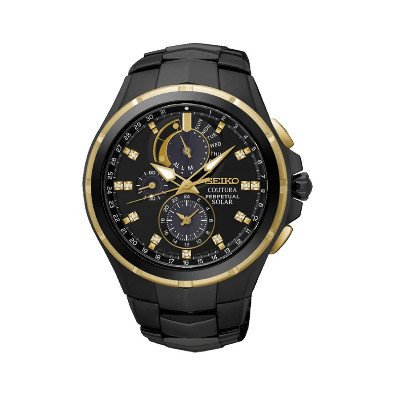 men's watches with oversized dials and multi-functional features -Seiko Coutura Men's 44mm Black & Gold Plated Solar Perpetual Watch SSC573P